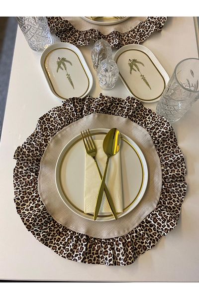 eyma home 100% βαμβακερό λεοπάρ βολάν μπεζ σετ σερβιρίσματος 6 τεμαχίων