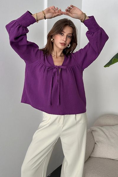 Fav Style بلوزة نسائية بأكمام طويلة ورقبة على شكل حرف V باللون الأرجواني