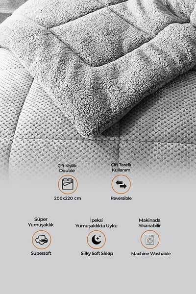 Evlen Home Collection Wellsoft Ultra Soft - Double Sided Gray Plush Yogan, Double, Washable - 200x220 cm