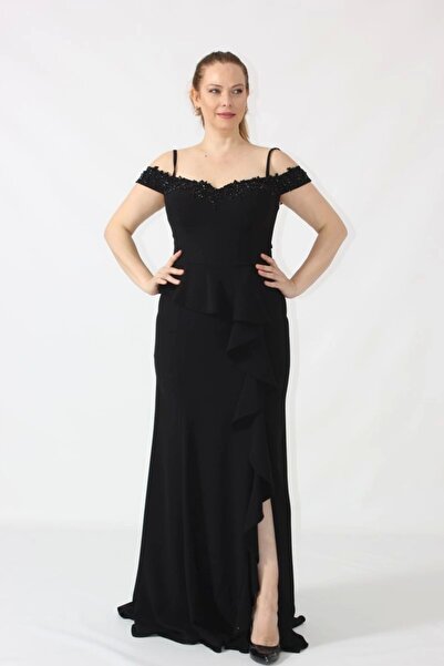 Moda Berray 2401 Siyah Göğsü Aplik İşlemeli Eteği Volanlı Uzun Abiye