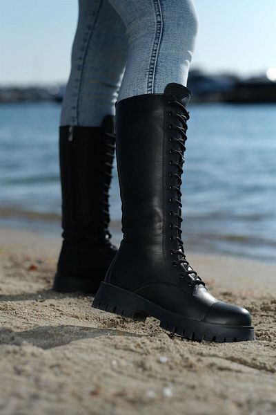 sovrana Genuine Leather Lace-Up Long Boots Black