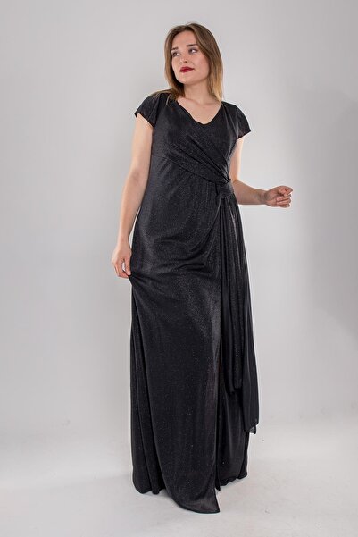 DORİDORCA 3104 Battal Beden Simli Önü Geçmeli Derin Vyaka Kısa Kol Uzun Elbise