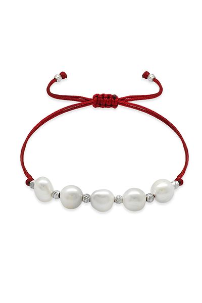Tesbihane Macrame Braided Natural Cut Red String White Dorica Ball Decorated Natural Pearl Women's Bracelet