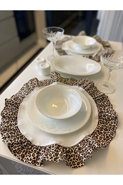 eyma home %100 pamuk keten leopar fırfırlı  beyaz supla takımı 6 adet