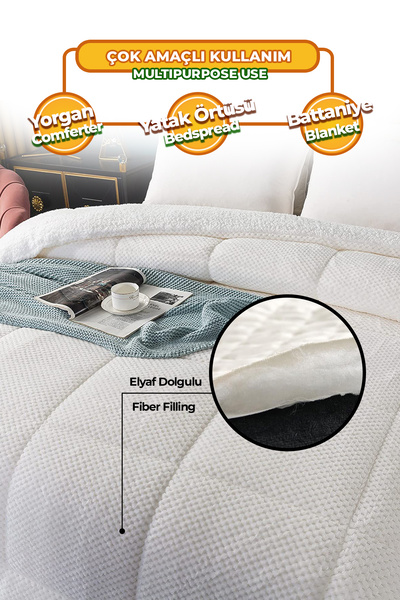 Evlen Home Collection Ultra Yumuşak Çift Taraflı Wellsoft Peluş Yorgan Dolgulu Çift Kişilik 200x220 Cm Krem Beyaz
