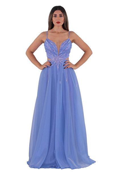 aşkın göksu Mavi İp Askılı Sırt Ve Yanlar Dekolteli Altı Kabarık Organze Kadın Abiye