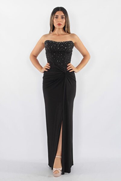 aşkın göksu Siyah Straplez Yaka Göğüs Taşlı İşlemeli Belden Düğümlü Yırtmaçlı...