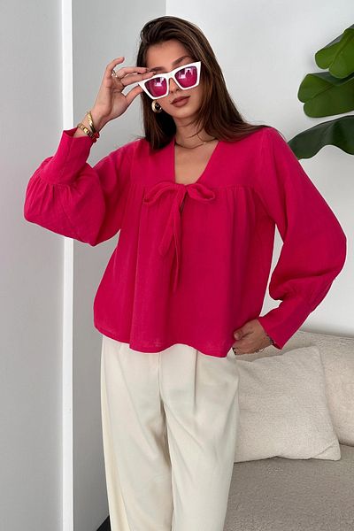Fav Style Φούξια γυναικεία μπλούζα με μακρυμάνικη λαιμόκοψη με λεπτομέρεια με κορδόνια