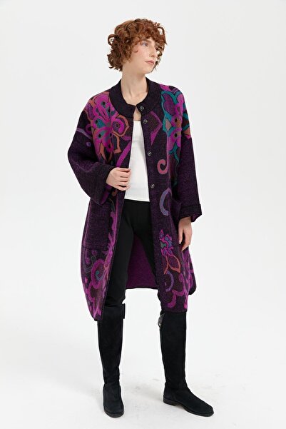 Desen Triko Black Large Floral Women's Poncho - Stand Collar