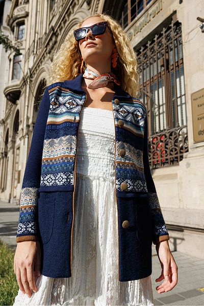 Desen Triko Cardigan de lână cu guler polo pentru femei bleumarin - Fusta din pâslă