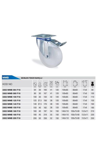 Kama Ø125 Polypropylene Rotary Brake Wheel with Flange Connection 150 Kg. Capacity