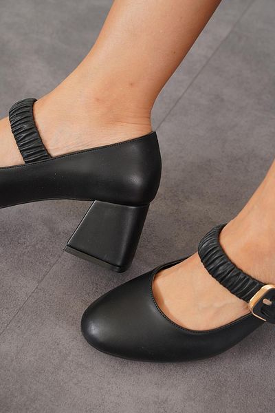 Moda Pie Black Naret Women's Heeled Shoes - Elastic Belt and Leather