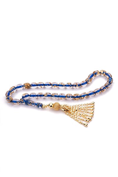 TESBİHKENTİ مسبحة عنبر مسحوقية باللون الأزرق الذهبي مع تصميم شرابة خاص