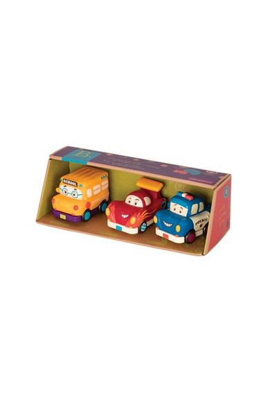 Toys ب. مجموعة من 3 سيارات صغيرة قابلة للسحب - حافلة مدرسية/سيارة سباق/شرطة