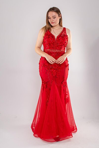 Saygın Giyim 1407 Büyük Beden 3D Çiçek Nakışlı Transparan Detay Nişanlık