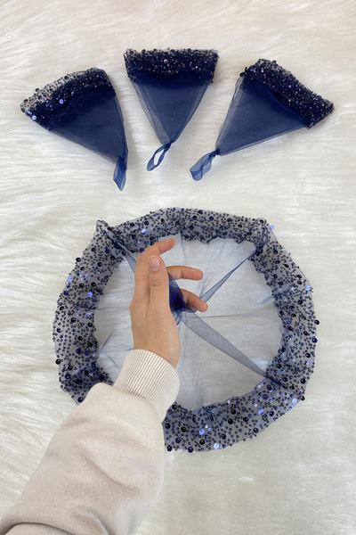 ZEYMERADE منديل العروس والعريس باللون الأزرق الداكن مع ترتر واسع ولؤلؤ، وعد ب...