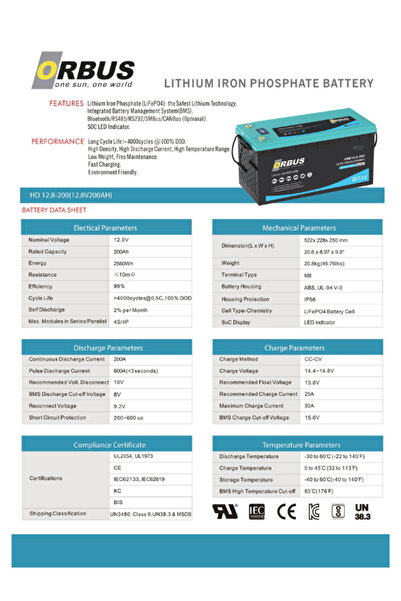 ORBUS 12.8 V Volt 200 Ah Amper 2560 Wh Lityum Batarya LiFePO4 Lityum Akü