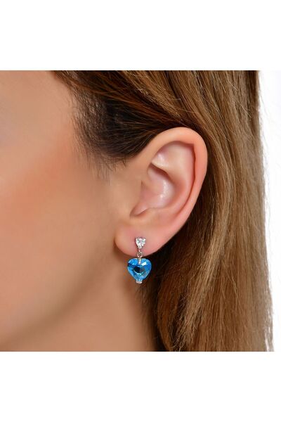 Shiny Spectra London Mavi Topaz Kalp Kesim 925 Ayar Gümüş Küpe