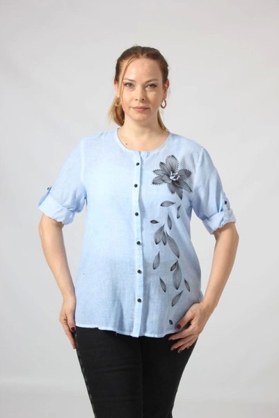 Moda Berray 3293 Çiçek Baskılı Organik Keten Kumaş Mevsimlik Gömlek