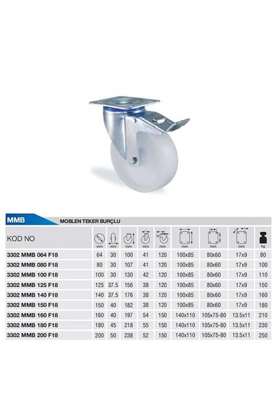 Kama Ø150 Polypropylene Rotary Brake Wheel with Flange Connection 180 Kg. Capacity