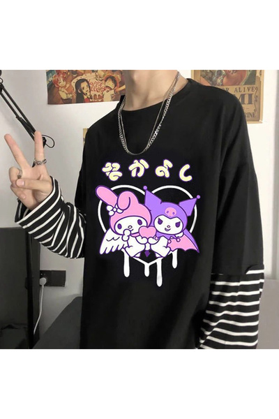 Köstebek Siyah Anime Fantasy Magic Melody - Kuromi Heart (UNİSEX) Siyah Beyaz Çizgili Kollu T-shirt