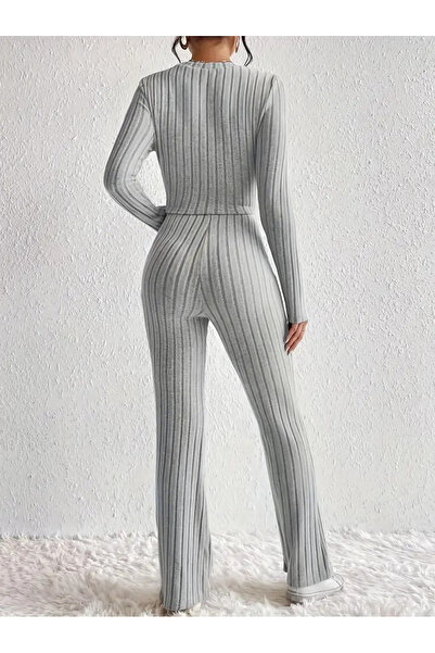 Wild Flower Gray Long Sleeve Round Neck High Waist Front Twist Bottom Top Set