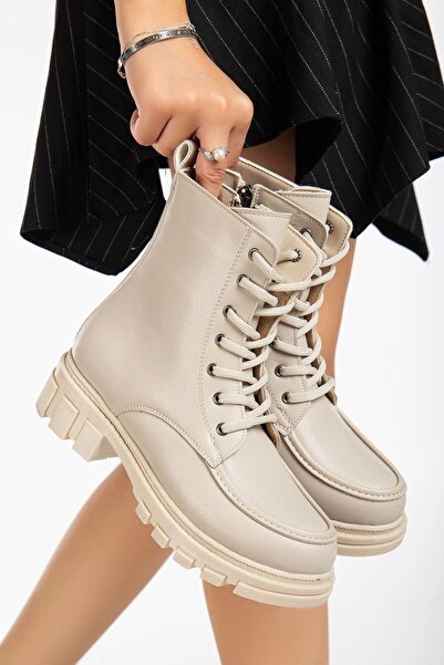 GULT Μπεζ Γυναικείες Μπότες - Χοντρή σόλα και μπροστινή ραφή