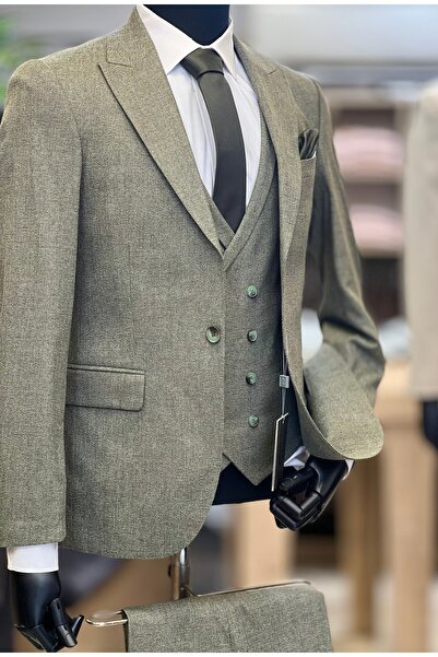 SAVARA Open Khaki Slimfit with Vest Dobby Men's Suit