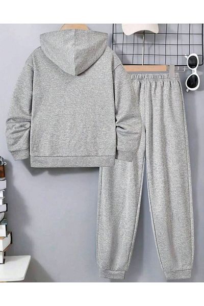 Renna Mood Girl/Boy's Gray Nasa Printed Zippered Cardigan Tracksuit Set