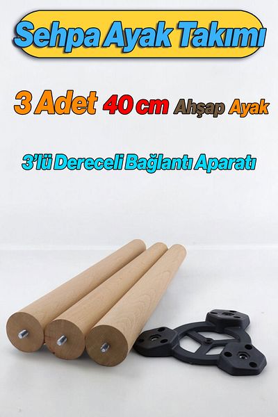 Badem10 Set de picioare din lemn pentru masă de cafea 3 piese 40 cm Scaun de puf Nesting Picioare de masă 40 cm Incluzând dispozitiv de conectare