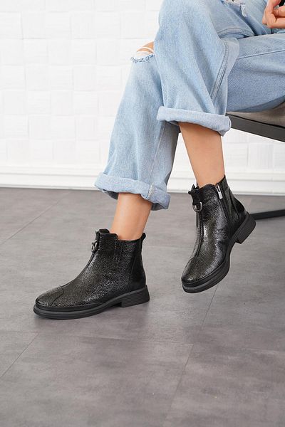 Moda Pie Temen Side Rubber Μπροστινή αγκράφα Γνήσιο δέρμα Γυναικείες Μπότες Μαύρο εμπριμέ