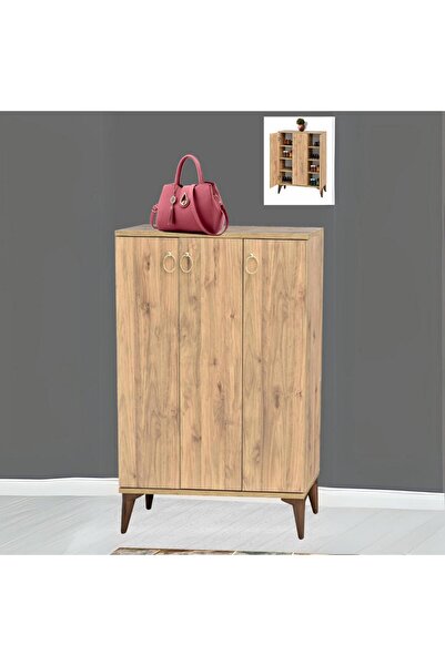 Nevamobilya Sinbo Ayakkabılık Atlantik Çam 3 Kapaklı Raflı Yüksek Ayaklı Çok Gözlü Ayakkabı Dolabı 90x34x105 Cm