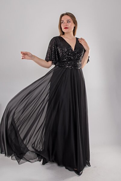 DORİDORCA 5093 Büyük Beden Kruvaze Yaka Pulpayet Uzun Elbise