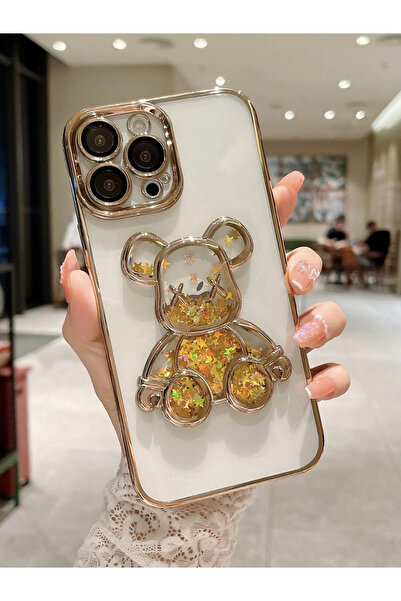 innovicase İphone 14 Pro Uyumlu Şık Tasarım Parıltılı Yıldızlı Ayıcıklı Kılıf