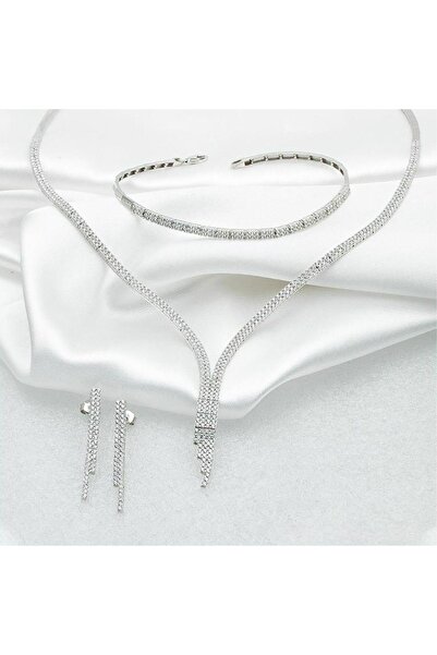 Bilezikci Çift Sıra Suyolu Beyaz Altın Takı Seti