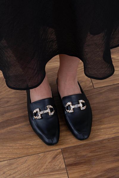 sovrana Black Moccasin - Leather Inside and Outside, Stone Buckle Detail