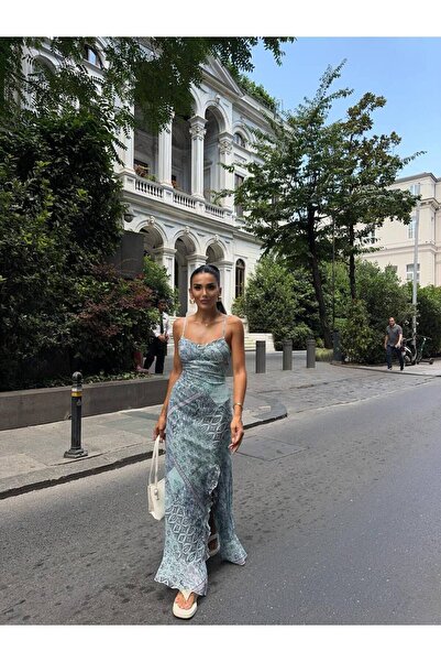 popibutik Desenli İnce Askılı Mavi Uzun Şifon Elbise