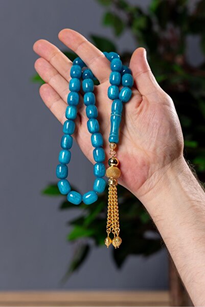 TESBİHKENTİ Özel Püsküllü İri Boy Deniz Mavisi Toz Kehribar Tesbih