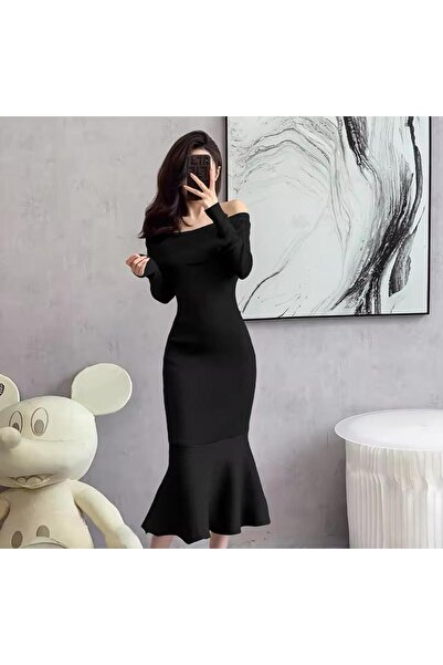 Styling Park Omuz Dekolte Uzun Kol Eteği Volan Midi Elbise