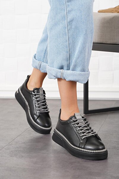 Moda Pie Pofre Taban Sargı Simli Kadın Spor Ayakkabı Siyah Cilt