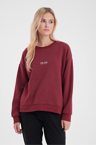 VENA Hanorac de damă Cindy Burgundy cu imprimeu cu gât crew și ridicat
