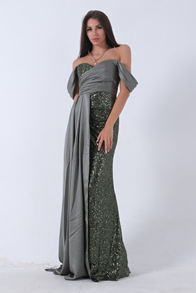 Feminist Pul Payet Detaylı Yırtmaçlı Abiye Haki 9705321