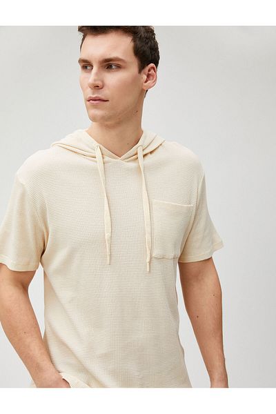 Koton Basic Hooded T-Shirt Short Sleeve Textured Pocket Detailed Cotton