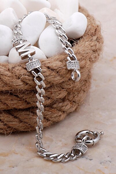 Sümer Telkari M Harfli Gurmet Rodyumlu Gümüş Bileklik 4041