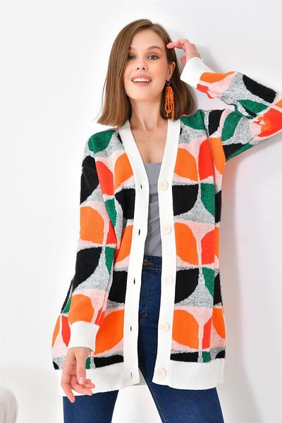 FTZ WOMEN Women's Leaf Patterned Buttoned Cardigan Ecru 20497