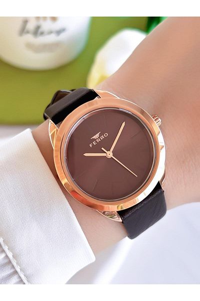 FERRO 3 Atm Water Resistant Leather Band Women's Wristwatch and Bracelet Set - Ion Plated Case Bf001C1-R