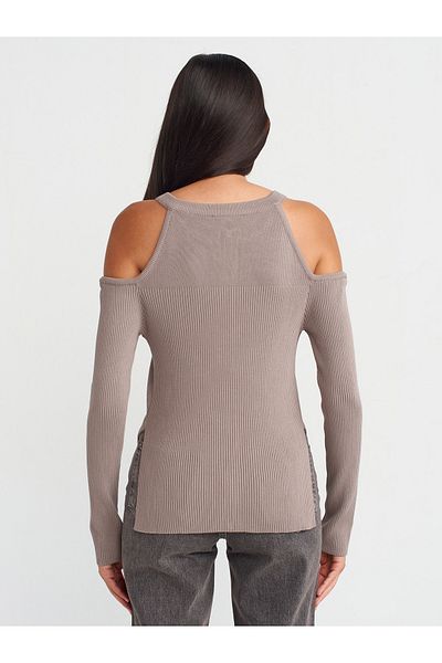 Dilvin 60259 Mink Knitwear Cardigan - Zippered, Slit and Open Shoulder Detail