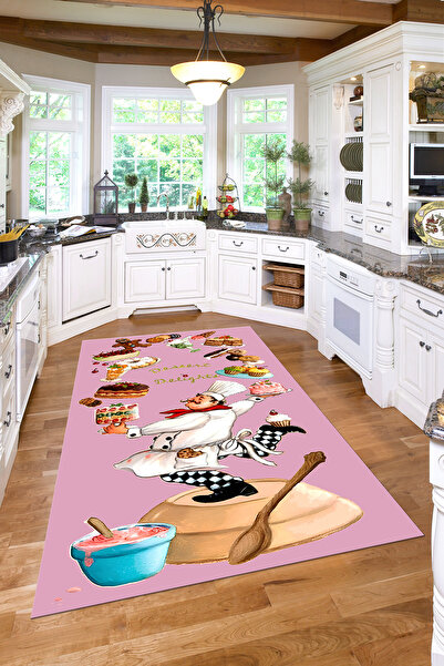 Napoli Home Dijital Baskılı Pasta Şef Desenli Yıkanabilir Kaymaz Taban Yolluk...