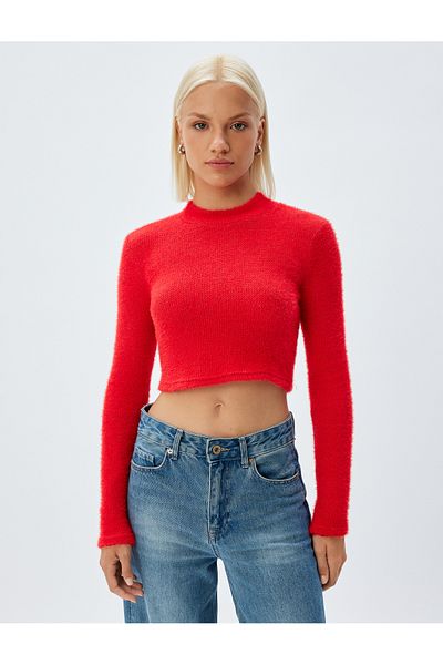 Koton Crop Knitwear Sweater Long Sleeve Round Lightweight Stand Collar Slim Fit