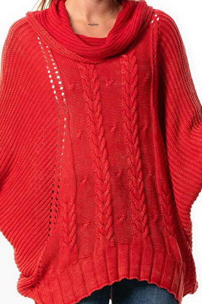 Eliş Şile Bezi Wide Neck Half Sleeve Knitwear Blouse - Autumn and Winter, Red Red
